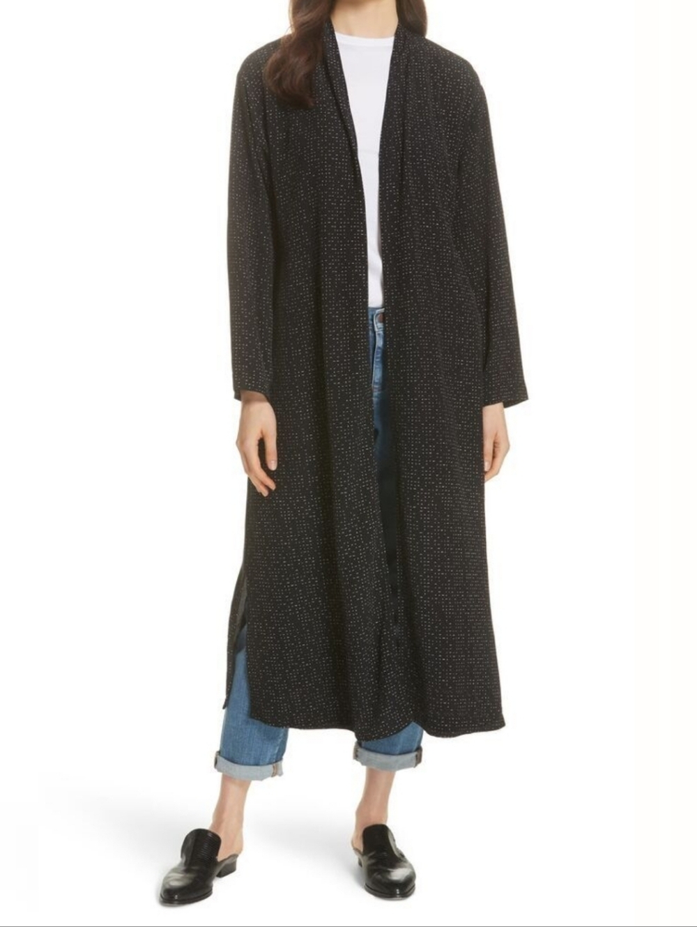 Eileen Fisher Morse Code Kimono Print Belted Duster Jacket Small Black Tencel